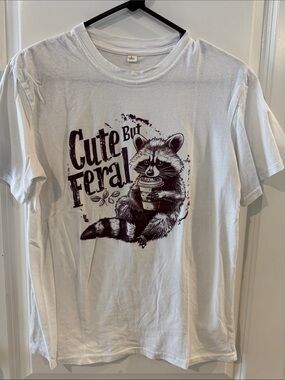 Cute But Feral Raccoon Graphic Tee - White